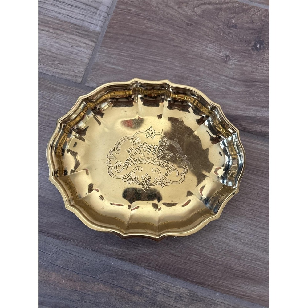 Vintage Gold Brass‎ Happy Anniversary Serving Platter/Tray 7"